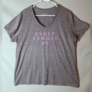 Under Armour Heatgear Womens Sz 2X Heather Gray V-Neck Short Sleeve Tee Logo